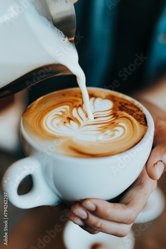 A person pours milk into a white cup holding a cappuccino on a wooden table