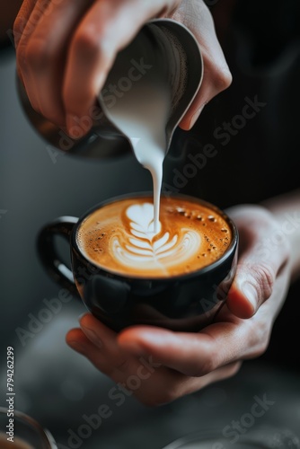  A person pours milk into a black cup holding a cappuccino, the saucer beneath steady