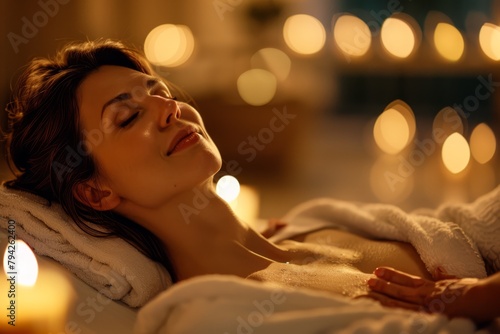   A woman reclines in a spa, candles flanking her face Candlelit room behind © Jevjenijs