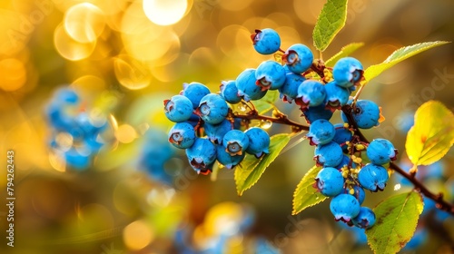   A tight shot of blue berries cluster on a tree branch, surrounded by green foliage Background features yellow bokeh of sunlight