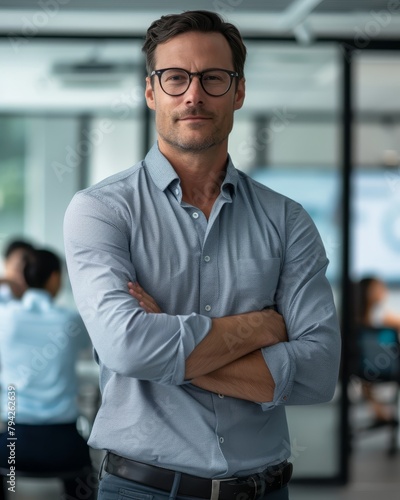  A man in glasses stands with crossed arms before a crowd in a glass-walled room