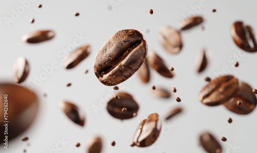  A coffee bean tightly focused against a white background, surrounded by dispersed coffee beans