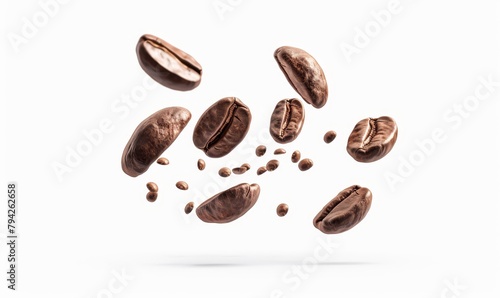  A clean-cut grouping of coffee beans suspended in mid-air against a pristine white backdrop, delimited by a clipping path beneath