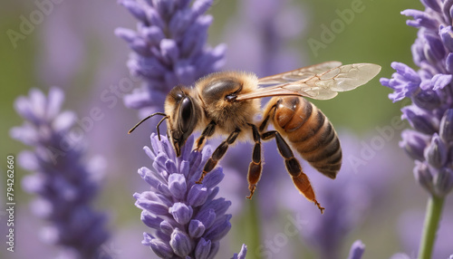 Honey Bee Pollinating Lavender Flowers © Santiago