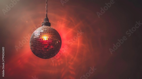  A disco ball suspended from a string, illuminated by a red light at its center