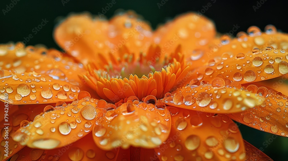 Close-up of a flower with water droplets on its petals and dew in the center Close-up of a flower with water droplets on its petals and dew in the center
