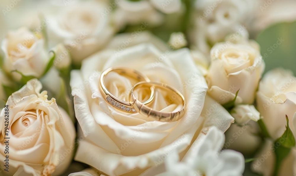 A few wedding rings atop a bouquet of white roses, resting upon a bed of flowers A few wedding rings atop a bouquet of white roses, resting upon a bed of flowers