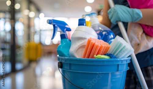  A woman in a pink shirt holds a mop and a full blue bucket of cleaning supplies, while another blue bucket nearby remains filled with additional supplies