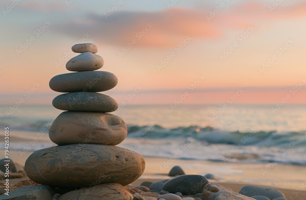   A stack of rocks atop a sandy beach, adjacent to the ocean, during sunset