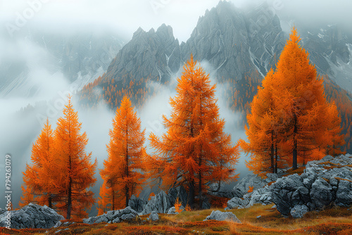A beautiful orange larch tree in the Dolomites, surrounded by fog and mist. Created with Ai