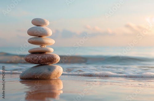  A stack of rocks atop a sandy beach, beside the ocean On a wave-covered shore
