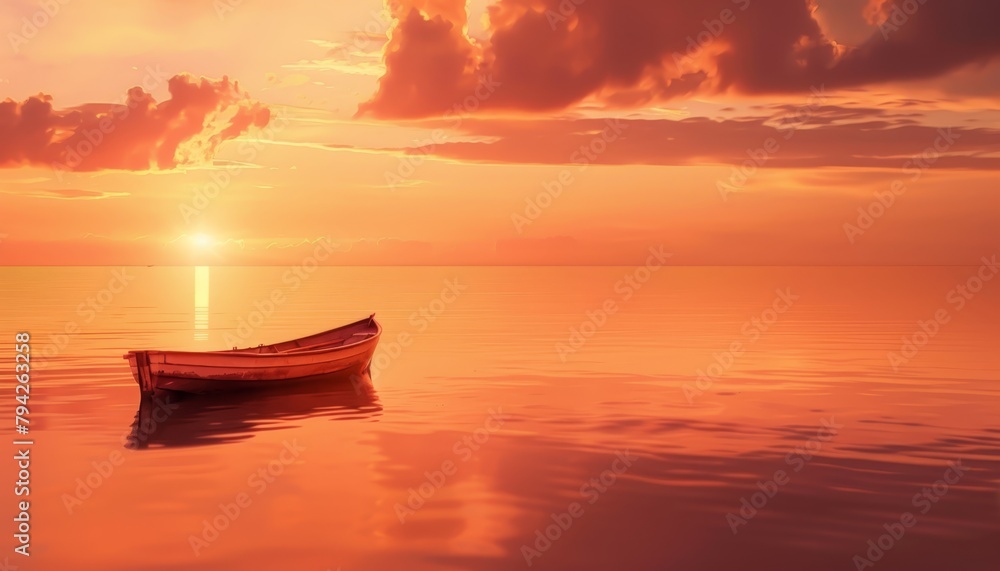 A small boat floats on a body of water, surrounded by cloudy skies The sun distances itself in the background A small boat floats on a body of water, surrounded by cloudy skies The sun distances itself in the background
