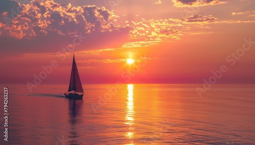  A sailboat in the midst of a tranquil body of water as the sun sets, painting the sky with hues of orange and red, surrounded by clouds