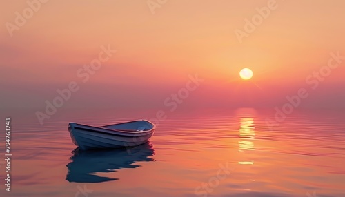  A tiny white vessel bobbing on a tranquil body of water, beneath an vibrant orange-pink sky, with sun at a distant horizon