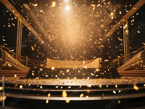 Beautiful golden confetti on empty festival stage design.