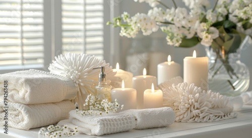  A table, topped with numerous white towels, adjacent to a vase brimming with white flowers, and a cluster of lit candles