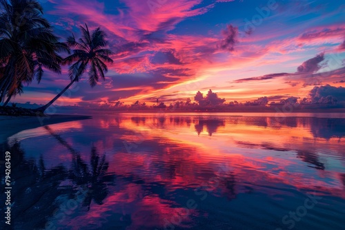  palm trees reflect in the tranquil  tropical beach water  pink and blue sky above