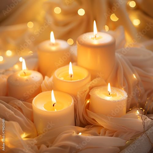 romantic burning candles wrapped in chiffon white fabric against a background of fiery lights, atmospheric, luxury painting for modern interiors, holiday banner