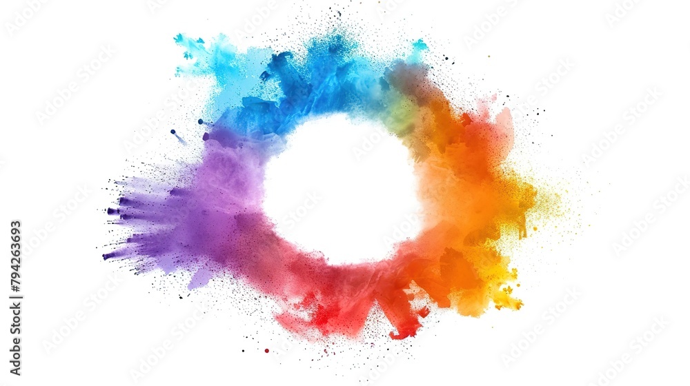 Bright spectrum of powder paint explosion on white background, reflecting dynamic movement and texture