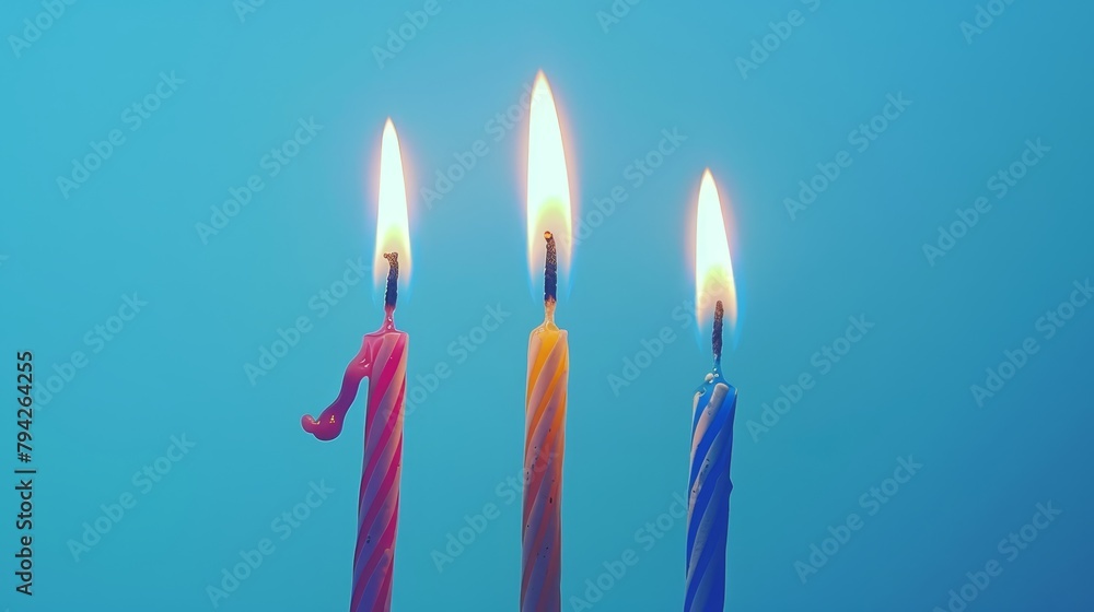 Three lit candles aligned on a blue surface; background features a blue sky Three lit candles aligned on a blue surface; background features a blue sky