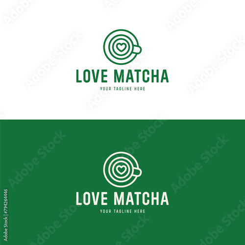 Vector flat linear logo tea cup with matcha for design menu, branding identity for tea or coffee shop on white and green backgrounds. Healthy organic drink symbol with heart.