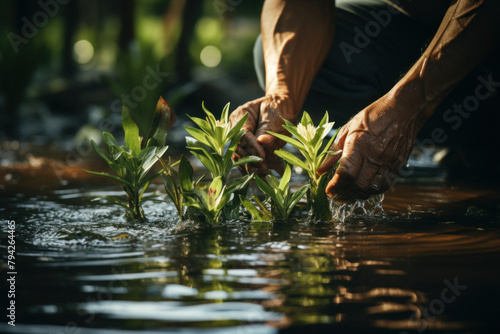 Close-up of farmer's hands cultivating rice in water