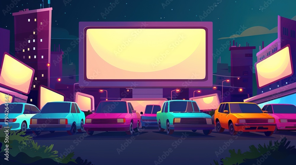 Retro cinema with colorful cars under the starry night sky: nostalgic outdoor movie
