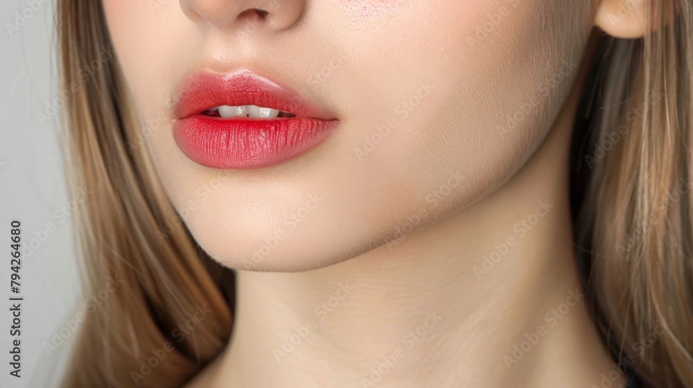 A tight shot of a woman's face, adorned with red lipstick and intense red eyeshadow A tight shot of a woman's face, adorned with red lipstick and intense red eyeshadow
