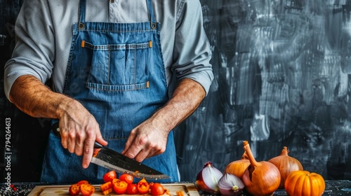  A man in an apron chops tomatoes with a knife on a cutting board Nearby, a bunch of pumpkins wait