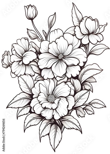 Floral Coloring Page, Bunch of flowers with leaves Coloring Page, Hand drawn Floral outline coloring page, Floral line art for coloring page, AI Generative