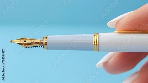   A tight shot of a hand clutching a pen with a golden nib at its tip photo