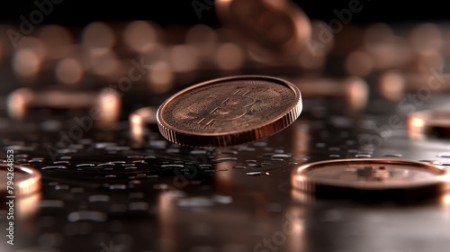  A solitary Bitcoin atop a table, encircled by ancillary Bitcoins, with a mound of additional ones nearby