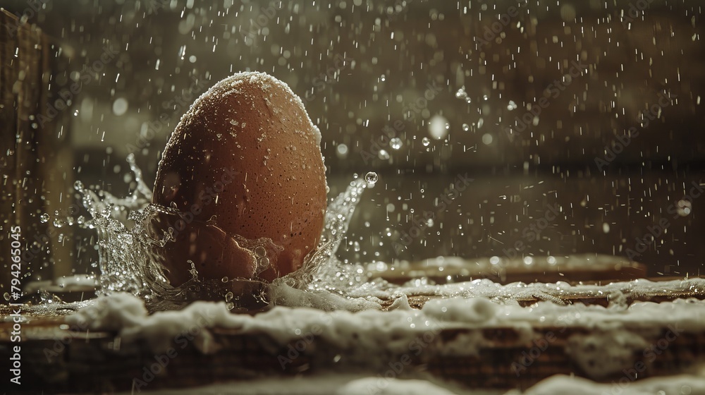   A close-up of an egg in a basket on a table, with water droplets beading on its surface A wooden fence stands in the background