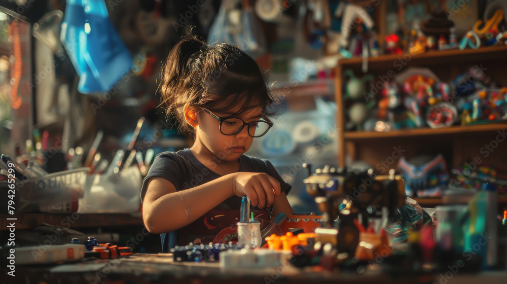 A young girl is sitting at a table with a variety of toys and art supplies