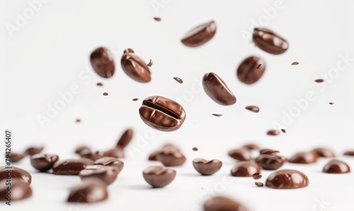  A cluster of coffee beans suspended in mid-air against a pristine white backdrop; a smattering of beans visible in the foreground