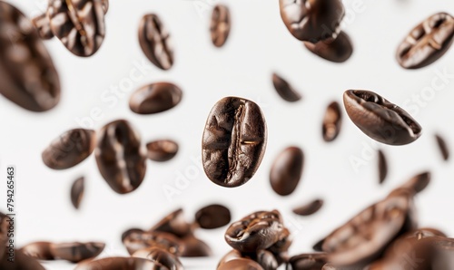   A cluster of coffee beans in mid-air, some beans falling off from the top