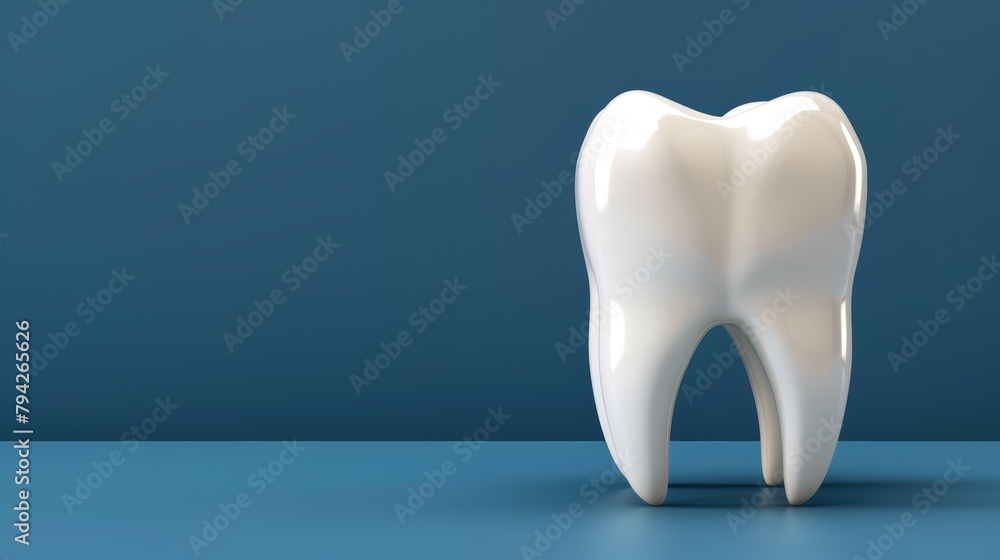 A tooth model against a blue surface with two blue walls as background A tooth model against a blue surface with two blue walls as background