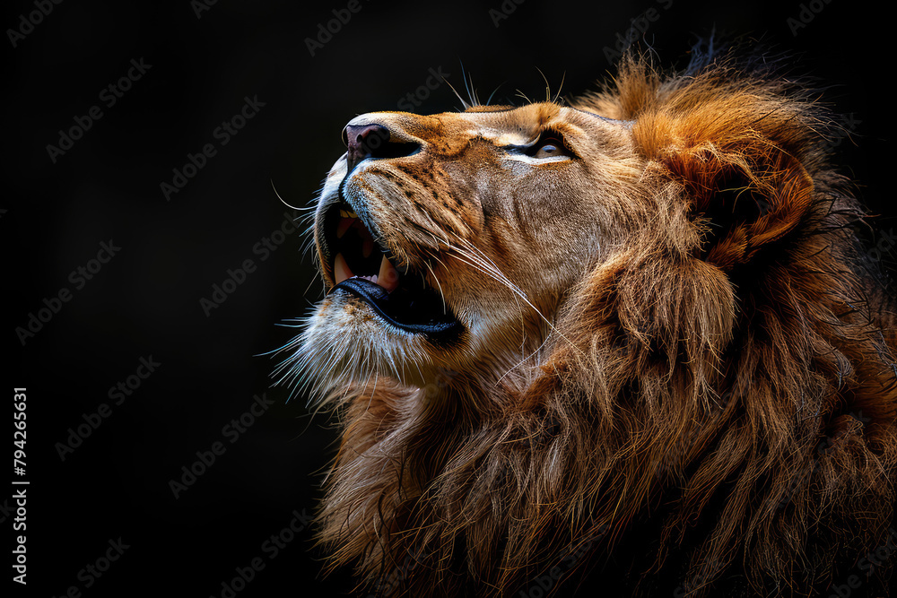 Obraz premium A majestic lion roaring in the savannah, its mane flowing and mouth open wide against a dark background. Created with Ai