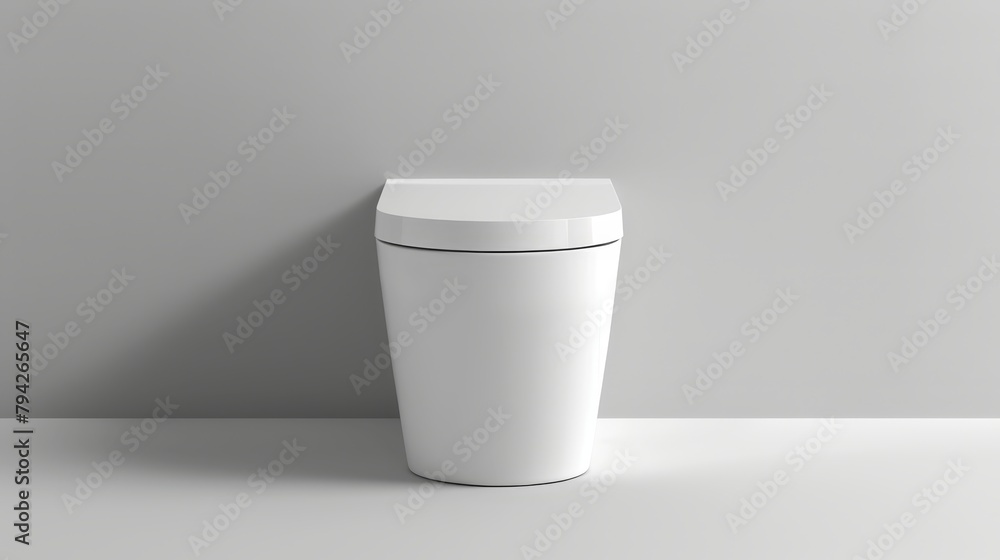 A white trashcan atop a pristine table, nestled against a gray wall, casts a shadow A white trashcan atop a pristine table, nestled against a gray wall, casts a shadow