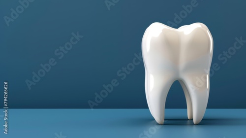   A tooth model against a blue surface with two blue walls as background