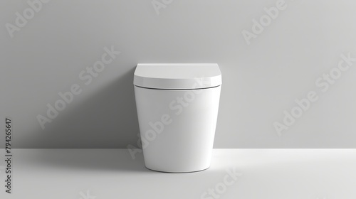   A white trashcan atop a pristine table, nestled against a gray wall, casts a shadow photo
