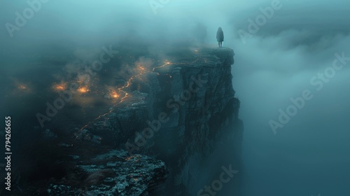 A person standing on the edge of a cliff gazing into a deep dark abyss that seems to lead to another realm.