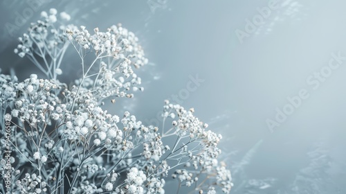   A tight shot of numerous white blooms against a blue-gray backdrop  featuring a softly blurred sky