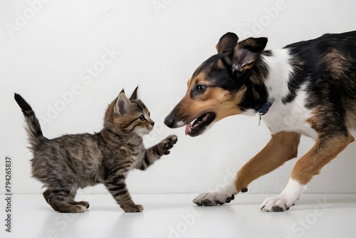 Adorable kitten and dog playfully interact in captivating poses against white background © Nida