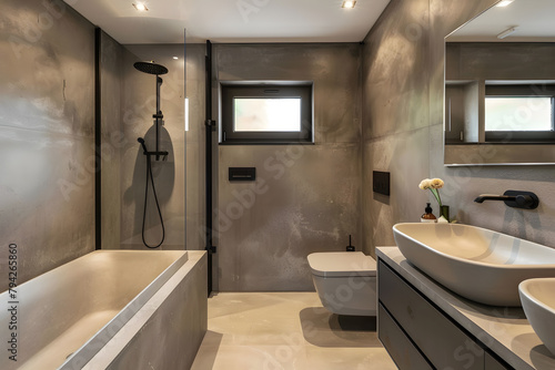 Contemporary modern bathroom interior in grey colors  concrete and marble elements.