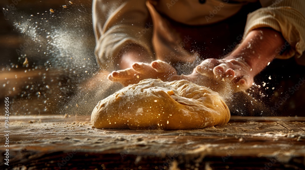 A tight shot of someone intently kneading dough in flour-specked depths of a wooden table A tight shot of someone intently kneading dough in flour-specked depths of a wooden table