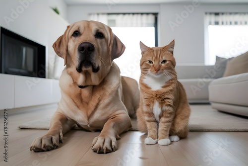 Cat and dog peacefully coexisting in modern living room with minimalist decor and natural light