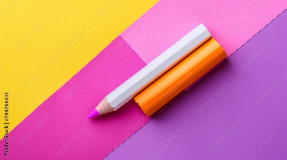 A tight shot of a pencil atop multicolored paper, featuring a smaller pencil embedded within it A tight shot of a pencil atop multicolored paper, featuring a smaller pencil embedded within it