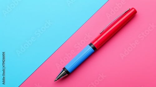  A red and blue pen on a pink and blue table against a blue-pink background