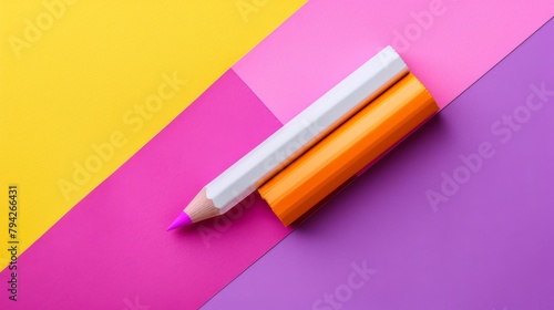  A tight shot of a pencil atop multicolored paper  featuring a smaller pencil embedded within it